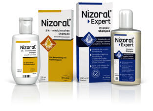 Produktbild der Produkte "Nizoral 2% – medizinisches Shampoo" und "Nizoral Expert Intensiv- Shampoo"