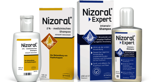 Produktbild der Produkte "Nizoral 2% – medizinisches Shampoo" und "Nizoral Expert Intensiv- Shampoo"